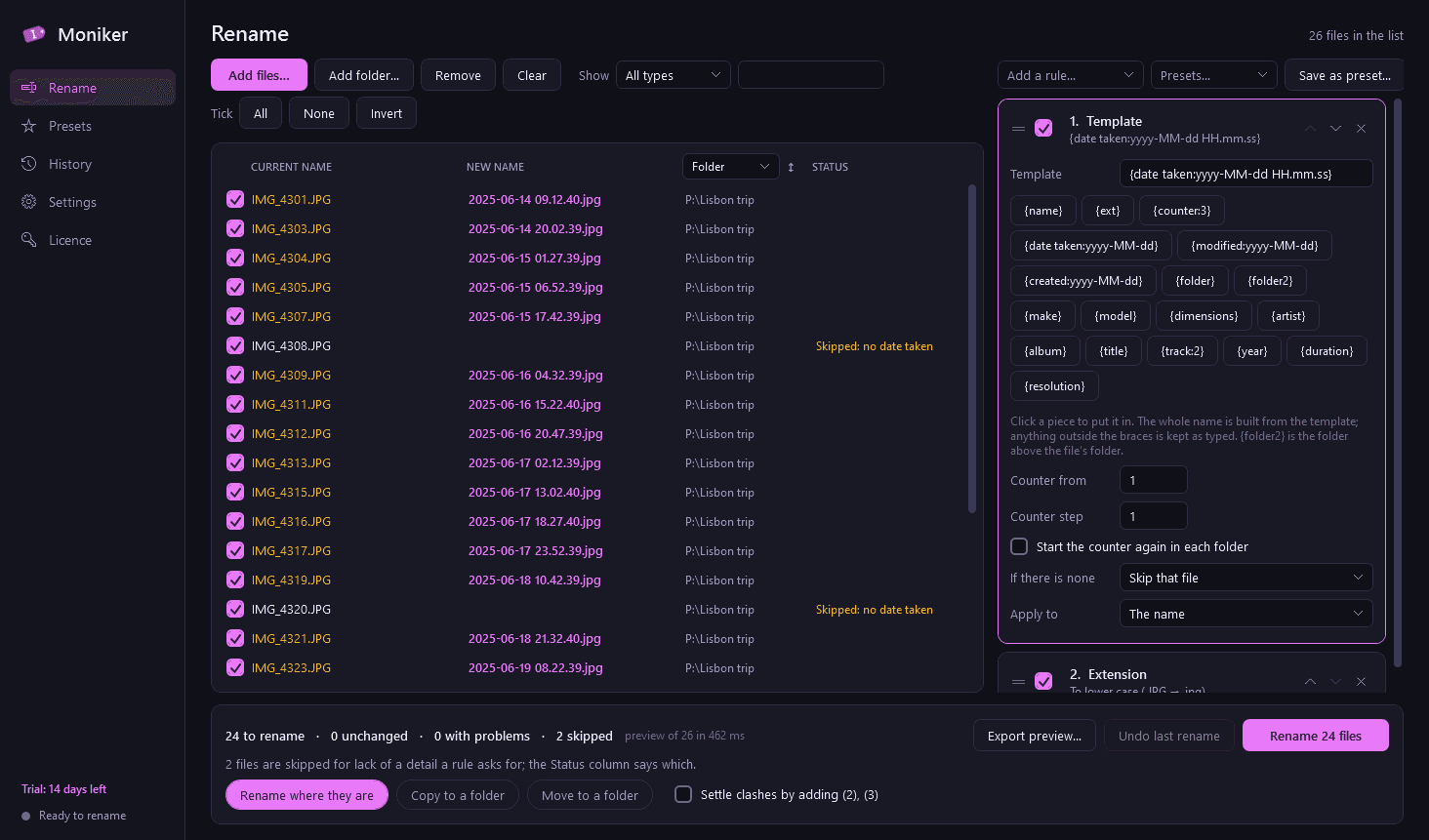 Moniker main screen