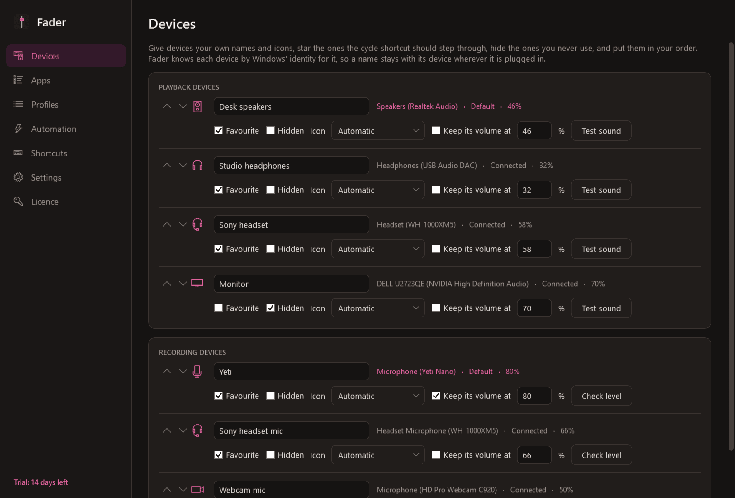 Fader main screen