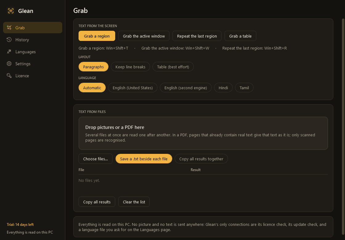 Glean main screen