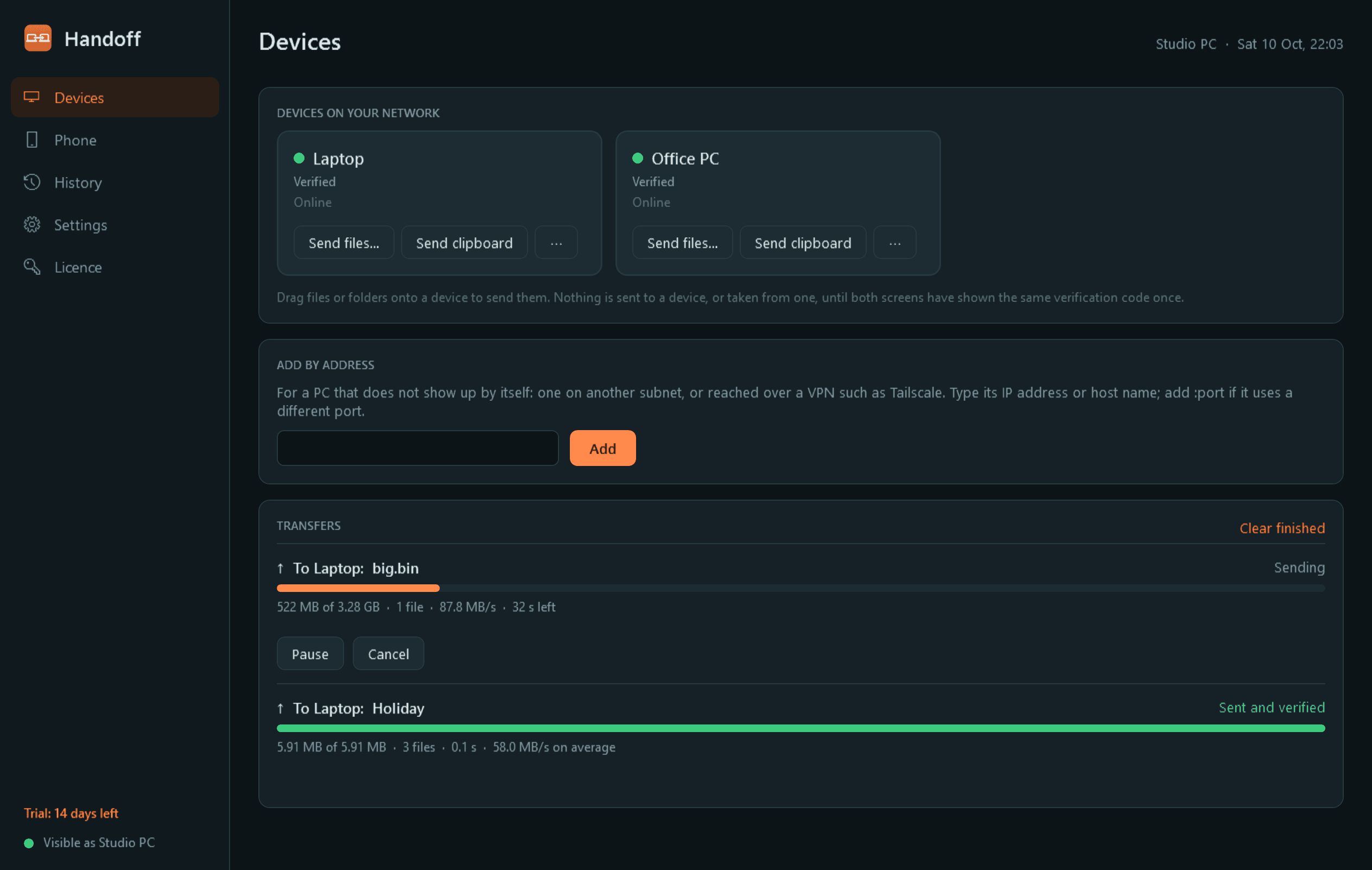 Handoff main screen