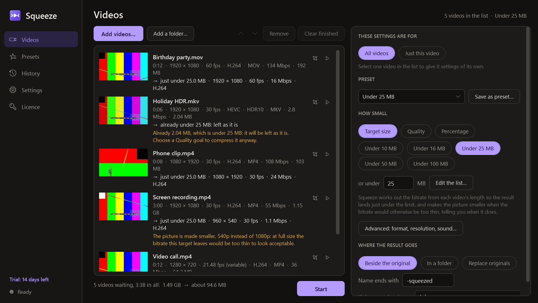 Squeeze main screen